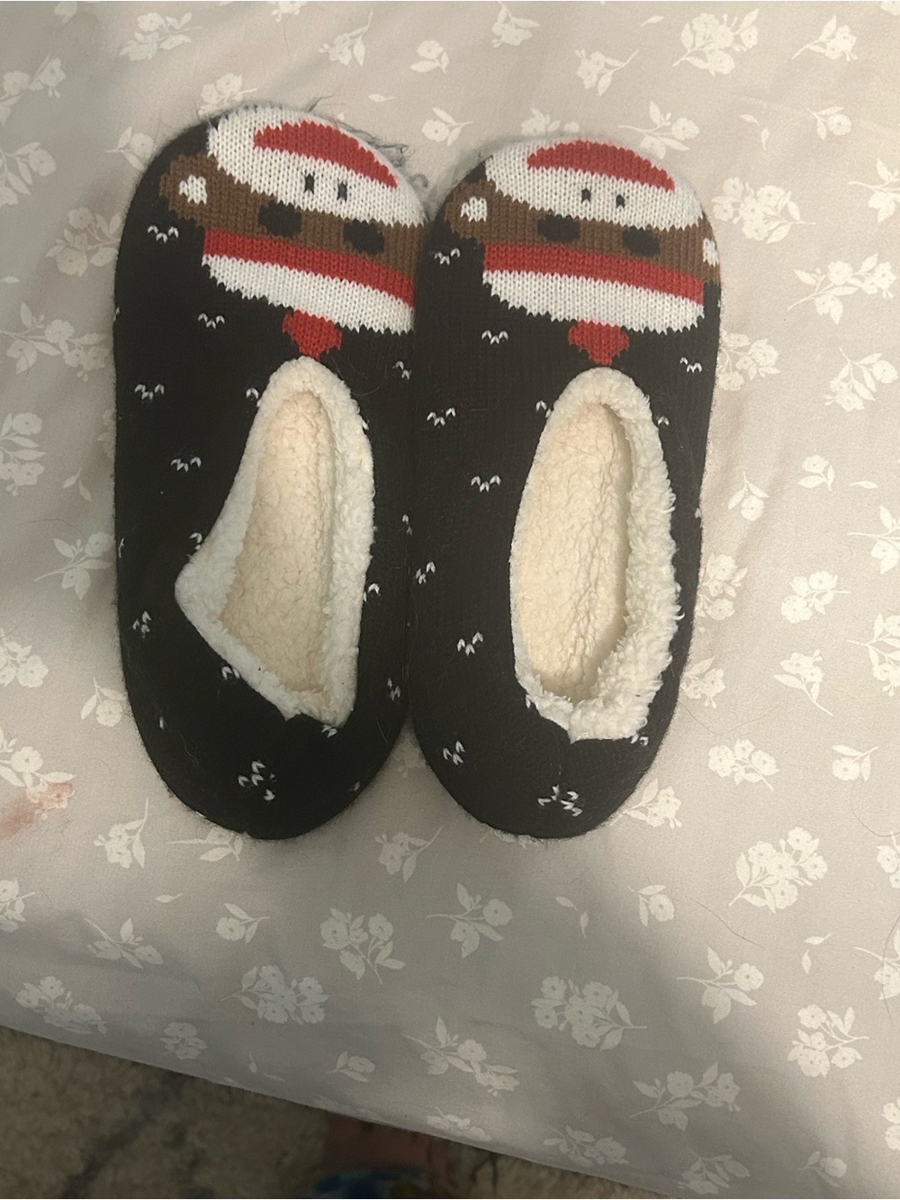 Kids Black Santa Knit Slipper Socks with Plush Lining